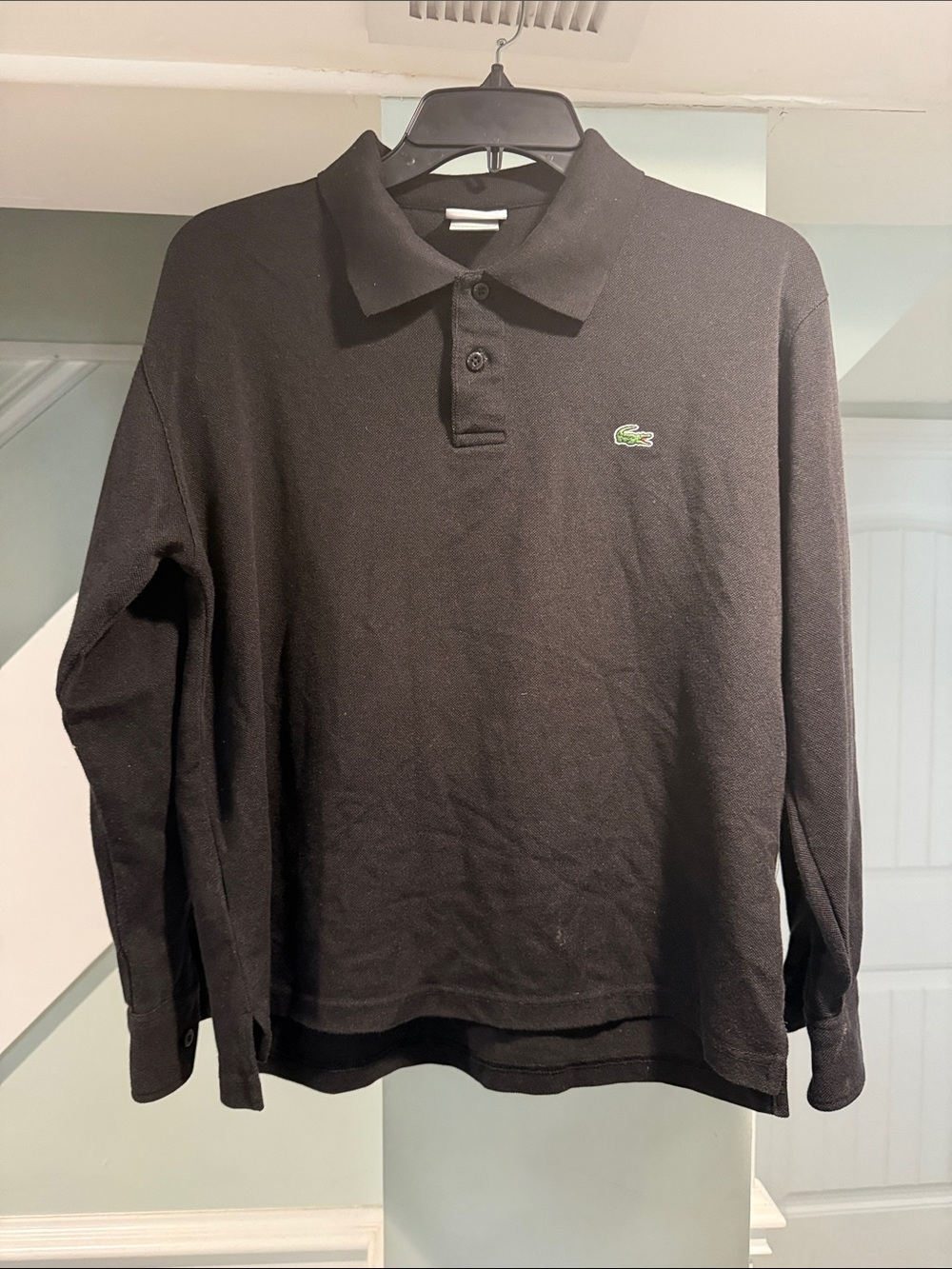 Lacoste Big Kids Black Long Sleeve Polo with Green Croc Logo